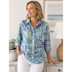 Coldwater Creek Linen Silk Blend Watercolor Button Front Shirt XS Blue Green